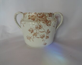 Vintage 1910s E. Bourne & J.E. Leigh Royal Semi-Porcelain Double Handle Dish/Vase No Cover/Lid Transferware Brown/White Flowers/Leaves