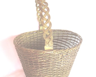 Vintage Brass Weaved Basket, 1980s-90s, Swivel Handle, Made in India