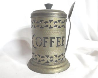 Vintage Pierced Metal Instant Coffee Holder, Spoon, Decor, Display, Plastic Inside
