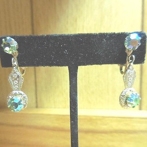 Vintage Green Iridescent Earrings Pronged Rhinestones Clip on Earrings 1960s 1970s Dangles Sparkly Earrings Girl&#39;s Gift
