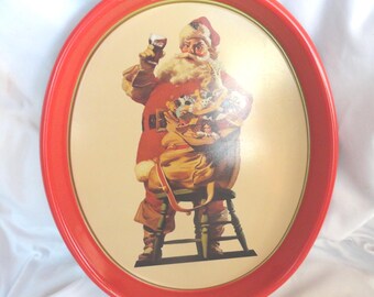 Vintage Coca-Cola Santa Claus Tray, Metal, Christmas Decor, Oval, 1980s