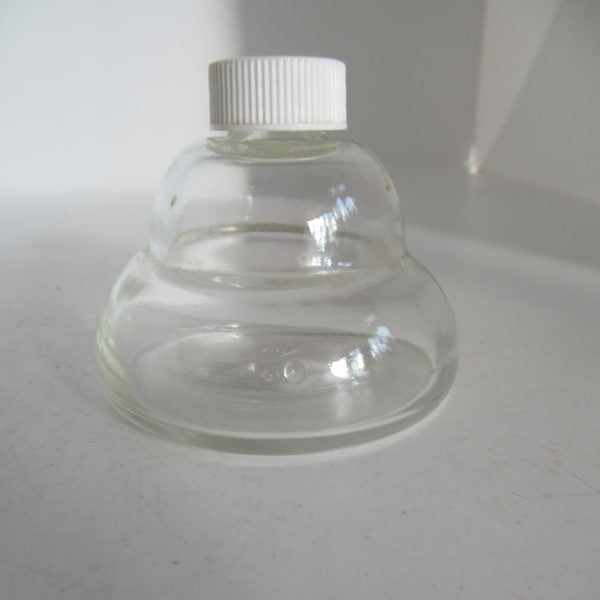 Vintage Small Clear Glass Beehive Shaped Bottle Tapered White Plastic Screw Cap Retro Collectible Small 1940s 1950s