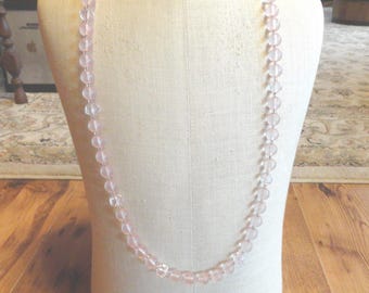 Vintage Pink Beaded Necklace, Silver Tone, 1960s-70s, Plastic