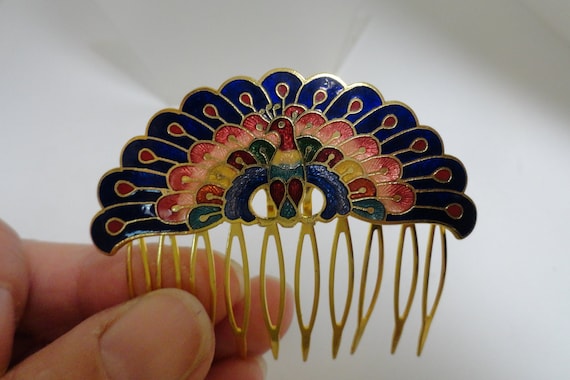 Vintage Women's Cloisonne Hair Comb Peacock Multi… - image 1