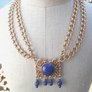 Vintage Belt Upcycled to Necklace Made in Germany Blue Glass Gold Specs Double Chain Assemblage Adjustable Statement Piece Handcrafted