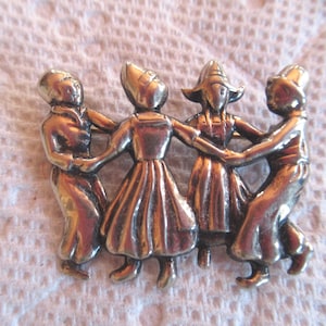 Vintage Lang Sterling Silver Pin 4 Swedish Dancing Children Denmark Netherlands Dutch Boys Girls Hats 1940s to 1960s Brooch