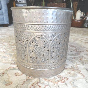 Vintage Silver Pierced Metal Planter, Home Decor, Round Trash Can