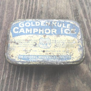 Vintage Camphor Ice Tin Beige & Blue Golden Rule Not Perfect Bathroom Decor Retro 1920s to 1940s Lips/Dry Hands Medicinal Bathroom Decor