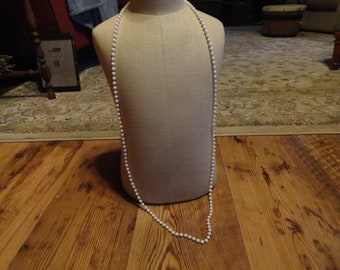 Vintage Women's Long White Plastic Beaded Necklace 1960s 1970s Retro Costume Jewelry Flapper Length Small Round Beads No Clasp Over the Head