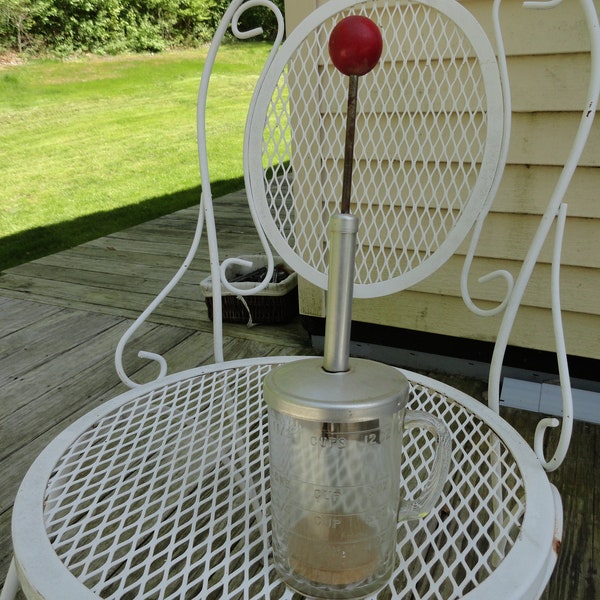 Vintage Pamco Nut Chopper Aluminum Lid Red Wood Handle 1  1/2 Cups Clear Glass Embossed Retro Kitchen Tool Nut Chopper Utensil 1940s 1950s