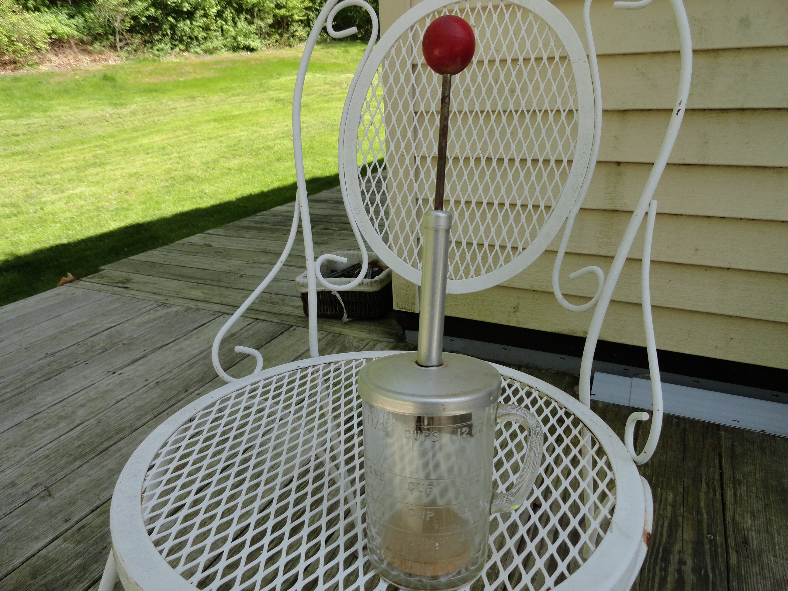 1950s Pamco Food Nut Chopper Glass Measuring Cup Wooden Aqua/teal Handle  Vintage Nut Chopper 3 Piece Set 