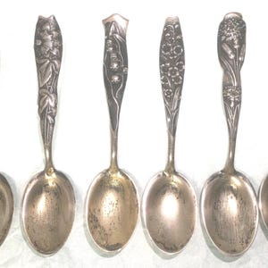 May include: Six silver teaspoons with floral designs on the handles. The spoons have a polished finish and are in good condition.