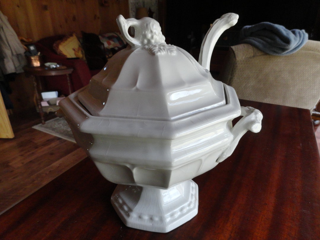 Antique Red Cliff Ironstone White Tureen & Ladle Stamped Hallmark