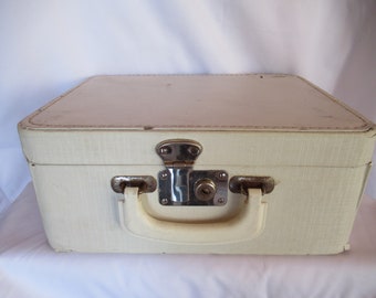 Vintage Women's White Small Suitcase with Mirror & Key Toiletries Repurposing Plane Train Travel Case Luggage Prop Needs Work 1950s 1960s