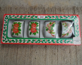 Vintage Christmas White Porcelain Napkin Rings Red Poinsettia Flowers Set of 4 Holiday Christmas Dinner Holly Bows Red 1970s 1980s Green ROC