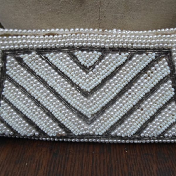 Vintage Women's Purse Glass & Plastic Beaded White Small Pearls Needs Work Gray Handle Not Perfect Repurpose 1930s 1940s Recycle Art Deco