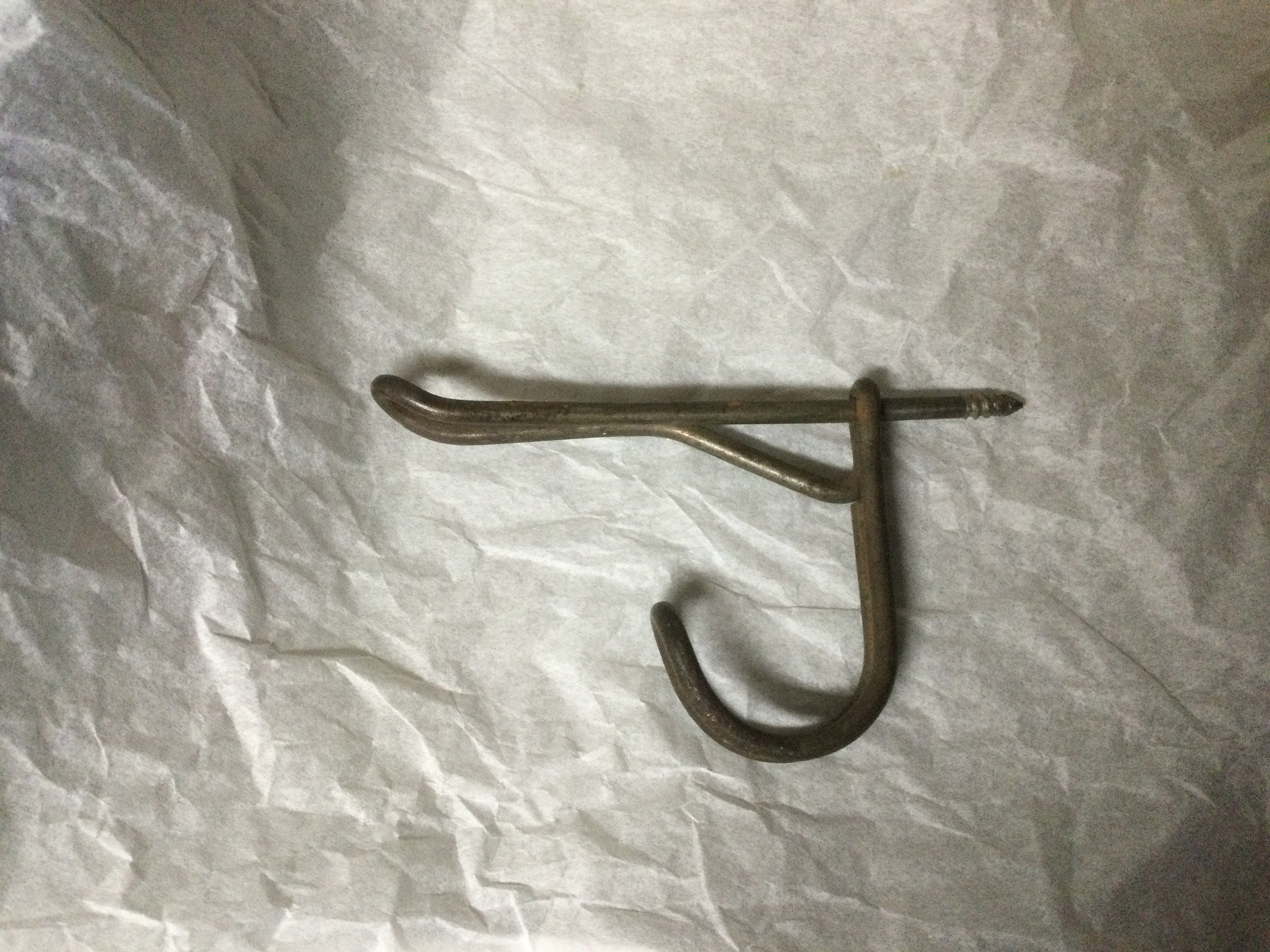 Vintage Gray Metal Wire Coat Hook or Hat Double Hook Screw in Wood