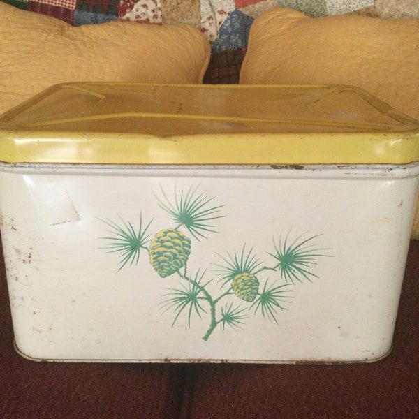 Vintage Decoware Metal Yellow White Bread Box Pinecones Retro Kitchen Container Farmhouse Country Home  Not Perfect Hinged 1950s 1960s