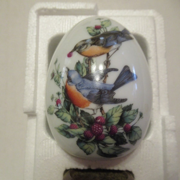 Vintage Avon Bluebirds Porcelain Egg Four Seasons Summer Bird Series Summer Decor NIB with Stand 1980s Home Decor Collectible