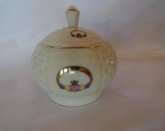 Vintage Donegal Parian China Covered Sugar Dish Porcelain Made in Ireland Claddagh Pink Gold Lattice Design 2000