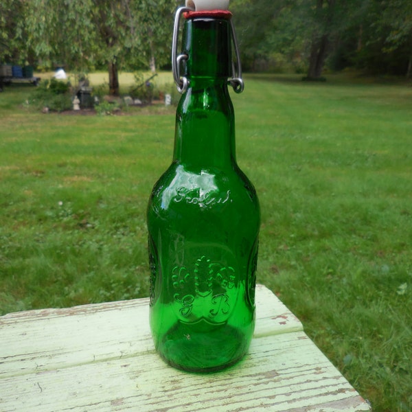 Vintage German Green Grolsch Lager Beer Bottle Germany White Porcelain Flip Top Wire Band Bail 1960a to 1990s