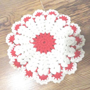 Vintage Crocheted Pot Holder Choice, Red, White Farmhouse Kitchen