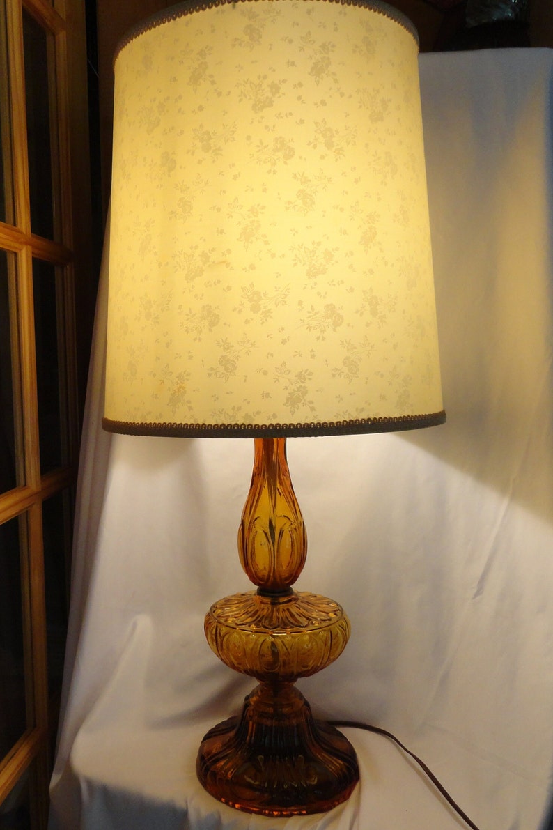 Vintage Large Umber Glass Mid Century Tall Lamp Satin Drum Roses Shade Embossed or Pressed Glass Brown Glass Home Decor Tall Lamp Large image 10