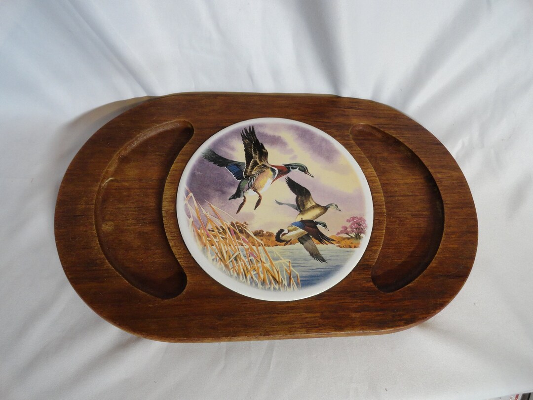 Vintage Avon Wood & Ceramic Tile Cheese and Cracker Tray 1980s Parties