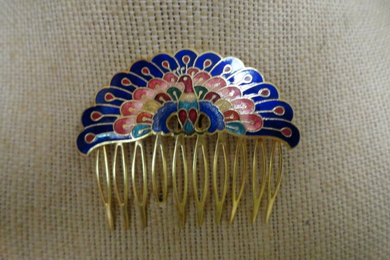 Vintage Women's Cloisonne Hair Comb Peacock Multi… - image 3