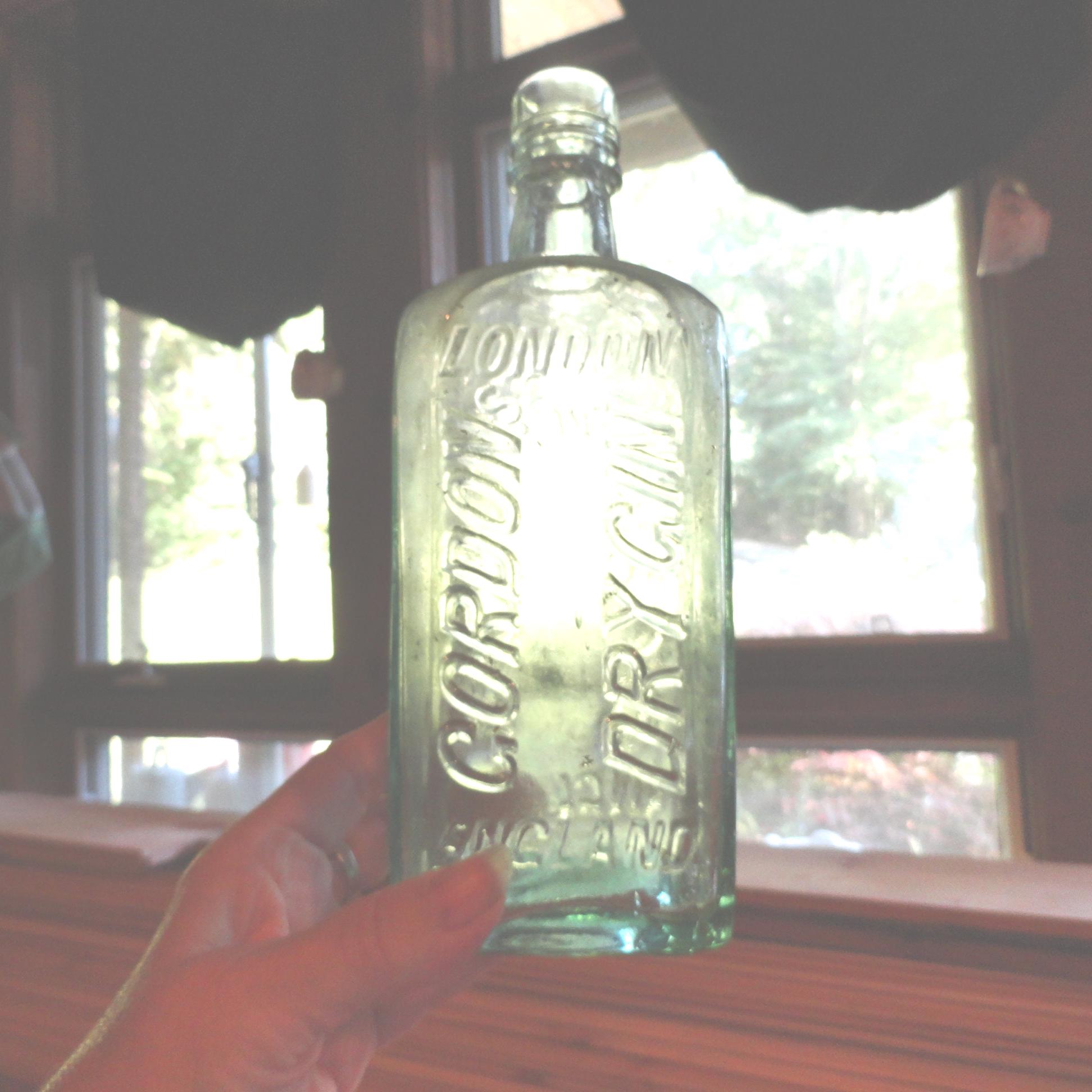 Antique English Gordon's Dry Gin Bottle, Light Green, Cork Top