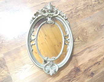Vintage Italian Oval Decorative Wall Mirror, Silver Tone with Gold Accents, Home Decor, Molded Plastic