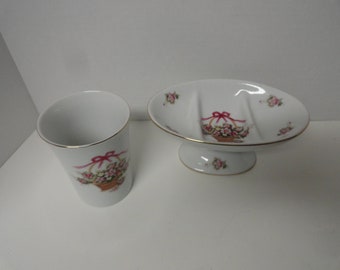 Vintage Irice Soap Dish & Toothbrush Holder or Cup Set Pink Pedestal Flowers Bathroom Decor Made in Japan 1960s 1970s Porcelain