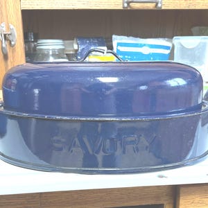 Vintage Blue Savory Enamel Roasting Pan, Small, Farmhouse, Decor, Not Perfect