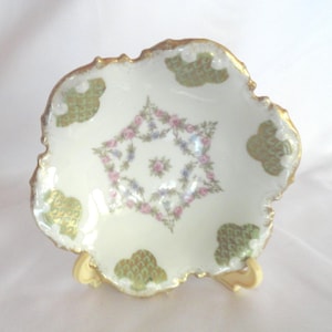 Antique Limoges Tiny Bowl Small Dish Scalloped GDA France Pink Rose Flowers Light Green or Blue Gold Trim Round Shabby Chic 1900s to 1940s