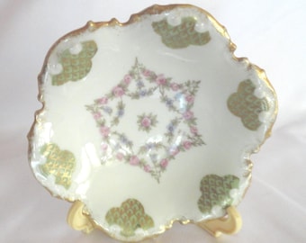 Antique Limoges Small Floral Bowl, Dish, Scalloped, GDA France, Choice: Green or Blue, 1900s-40s