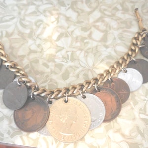 Vintage Sweetheart Coin Bracelet War Coin Charm Bracelet 1960s Handmade Gold Tone Austria, Switzerland, and Great Britain