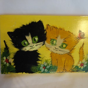 Vintage Double Kitty Cats Black & Orange Wall Hanging Small Hand Painted Kid's Room Decor Nursery Decor Children's Room Decor 1960s 1970s