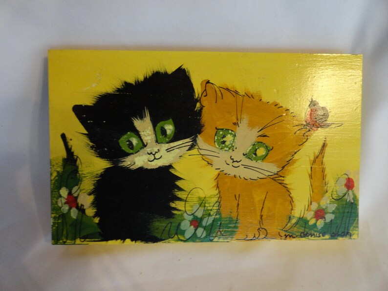 Vintage Double Kitty Cats Black & Orange Wall Hanging Small Hand Painted Kid's Room Decor Nursery Decor Children's Room Decor 1960s 1970s image 1