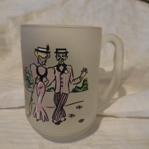 Vintage Large Frosted Mug Gay 20s Fad Travel Train Car Couples Humor Retro Saying Black Pink Graphics Barbershop Quartet Roaring 20s 1950s