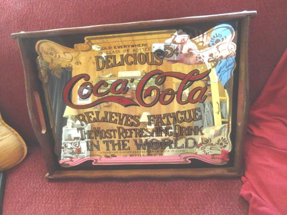 Vintage Coca Cola Mirrored Tray Reproduction Handles Glass Black