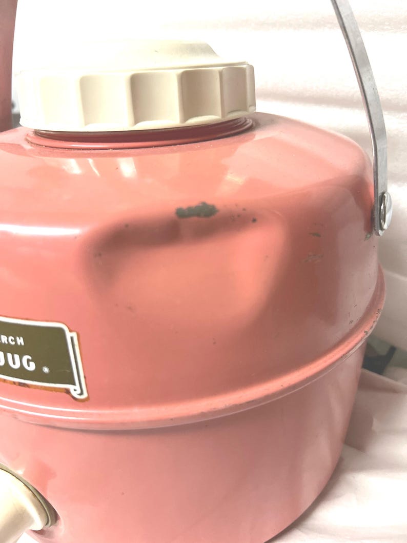 Vintage Pink Thermal 1 Gallon Jug Cooler, Liquid Metal, Porcelain & Plastic, Surface Rust, Dents image 2