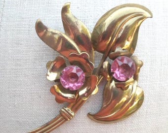 Vintage Floral Brooch, Pink Rhinestone Gold Tone Flower Pin, 1940s