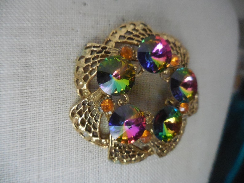 Vintage 1950s to 1960s Iridescent Round Rivoli Beads PinBrooch Gold Tone Colorful Carnival Glass Look Beaded Round Orange Rhinestones