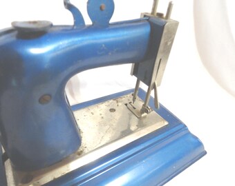 Vintage German Toy Sewing Machine, Casige, Blue Metal, Moving