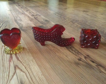 Vintage Red or Red Orange & Yellow Glass Choice Piece Home Decor Toothpick Holder Knick Knacks Hobnail Shoe Heart Quilted Square 1960s 1970s