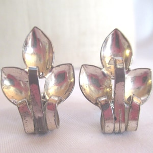 Vintage Monet Sterling Earrings Clip on Non Pierced Silver 1940s to 1960s Ladies Abstract Leaf Like