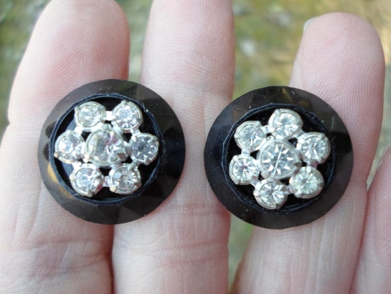 Vintage Women’s Black & Rhinestone Round Earrings… - image 3