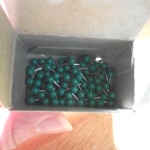 Vintage Graffco Map Tacks, Board Pins, Green Plastic Ball, 100 Pieces, 1960s-70s NIB