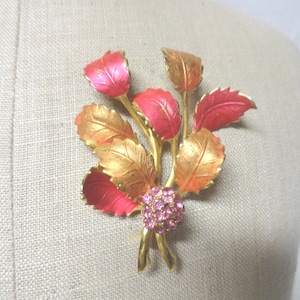 Vintage Pink Rhinestone Pin Orange Leaves Gold Tone 1950s 1960s Brooch Bouquet Like Pin