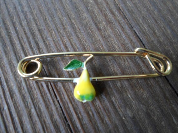 Vintage Girl's Pear Fruit Enamel Yellow & Green P… - image 3